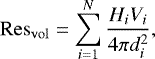 \begin{equation*}\mathrm{Res}_{\mathrm{vol}} = \sum\limits_{i=1}^N \frac{H_i V_i}{4\pi d_i^2}, \end{equation*}