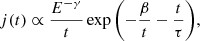 $$ \begin{aligned} j(t) \propto \frac{E^{-\gamma }}{t}\exp {\left(-\frac{\beta }{t} - \frac{t}{\tau }\right)}, \end{aligned} $$