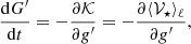 $$ \begin{aligned}&\frac{\mathrm{d} G^{\prime }}{\mathrm{d} t} = -\frac{\partial \mathcal{K} }{\partial {{ g}}^{\prime }}=-\frac{\partial \langle \mathcal{V} _\star \rangle _\ell }{\partial {{ g}}^{\prime }}, \end{aligned} $$
