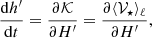 $$ \begin{aligned}&\frac{\mathrm{d} h^{\prime }}{\mathrm{d} t} = \frac{\partial \mathcal{K} }{\partial {H}^{\prime }}=\frac{\partial \langle \mathcal{V} _\star \rangle _\ell }{\partial {H}^{\prime }}, \end{aligned} $$