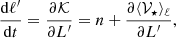 $$ \begin{aligned} \frac{\mathrm{d} \ell ^{\prime }}{\mathrm{d} t}=\frac{\partial \mathcal{K} }{\partial {L}^{\prime }}=n+\frac{\partial \langle \mathcal{V} _\star \rangle _\ell }{\partial {L}^{\prime }}, \end{aligned} $$