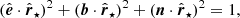 $$ \begin{aligned} (\hat{\boldsymbol{e}}\cdot \hat{\boldsymbol{r}}_\star )^2+(\boldsymbol{b}\cdot \hat{\boldsymbol{r}}_\star )^2+(\boldsymbol{n}\cdot \hat{\boldsymbol{r}}_\star )^2=1, \end{aligned} $$