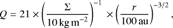 \begin{equation*} Q = 21\times \left(\frac{\Sigma}{10\,{\textrm{kg\,m}^{-2}}}\right)^{-1}\,\times \left(\frac{r}{100\,\textrm{au}}\right)^{-3/2},\end{equation*}