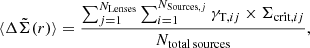 $$ \begin{aligned} \langle \Delta \tilde{\Sigma }(r) \rangle = \frac{\sum _{j=1}^{N_{\rm Lenses}} \sum _{i=1}^{N_{\mathrm{Sources},j}} \gamma _{\mathrm{T},ij} \times \Sigma _{\mathrm{crit},ij}}{N_{\rm total\,sources}}, \end{aligned} $$