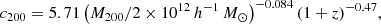 $$ \begin{aligned} c_{200}=5.71\left(M_{200}/2 \times 10^{12}\,h^{-1}\,M_\odot \right)^{-0.084}(1+z)^{-0.47}, \end{aligned} $$