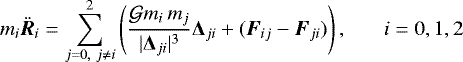 \begin{eqnarray*} \begin{aligned} m_i {\bm {\ddot{R}}}_i &= \sum_{j=0,\ j\neq i}^2 \left( \frac{\mathcal{G}m_i \, m_j}{|{{\bm{\Delta}}_{{ji}}}|^3} {{\bm{\Delta}}_{{ji}}} &#x002B; ({{\bm{F}}_{ij}}-{{\bm{F}}_{ji}}) \right), \ \ \ \ \ \ \ i= 0,1,2\end{aligned}\vspace*{3pt} \end{eqnarray*}