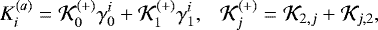 \begin{equation*}K_i^{(a)} = \mathcal{K}_0^{(&#x002B;)}\gamma_0^i&#x002B;\mathcal{K}_1^{(&#x002B;)}\gamma_1^i, \ \ \ \mathcal{K}_j^{(&#x002B;)} = \mathcal{K}_{2,j} &#x002B; \mathcal{K}_{j,2}, \end{equation*}