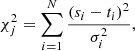 $$ \begin{aligned} \chi _{j}^2=\sum _{i=1}^{N}\frac{(s_{i} - t_{i})^2}{\sigma _{i}^2}, \end{aligned} $$