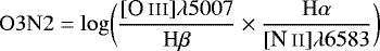 \begin{equation*} \mathrm{O3N2 = log\bigg(\frac{[\ion{O}{iii}]\lambda5007}{H\beta}\times\frac{H\alpha}{[\ion{N}{ii}]\lambda6583}\bigg)}\end{equation*}
