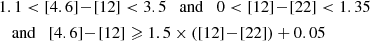 $$ \begin{aligned}&1.1 < {[4.6]\!-\![12]} < 3.5 \quad \mathrm{and} \quad 0 < [12]\!-\![22] < 1.35 \nonumber \\&\quad \mathrm{and} \quad [4.6]\!-\![12] \geqslant 1.5\times ([12]\!-\![22]) +0.05 \end{aligned} $$