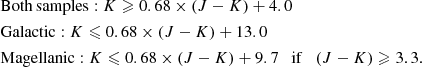 $$ \begin{aligned}&\mathrm{Both\,samples}: K\geqslant 0.68\times (J-K)+4.0 \nonumber \\&\mathrm{Galactic}: K\leqslant 0.68\times (J-K)+13.0 \nonumber \\&\mathrm{Magellanic}: K\leqslant 0.68\times (J-K)+9.7 \quad \mathrm{if}\quad (J-K)\geqslant 3.3. \end{aligned} $$