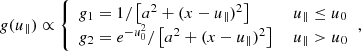 $$ \begin{aligned} {g}(u_\Vert ) \propto {\left\{ \begin{array}{ll} {g}_1 = 1 / \left[ a^2 + (x-u_\Vert )^2 \right]&\; u_\Vert \le u_0 \\ {g}_2 = e^{-u_0^2} / \left[ a^2 + (x-u_\Vert )^2 \right]&\; u_\Vert > u_0 \end{array}\right.}, \end{aligned} $$