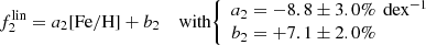 $$ \begin{aligned}&f_2^{\mathrm{lin} } = a_2\mathrm{[Fe/H]} + b_2 \quad \text{ with} {\left\{ \begin{array}{ll} a_2=-8.8\pm 3.0\%\,\text{ dex}^{-1} \\ b_2=+7.1\pm 2.0\% \end{array}\right.} \end{aligned} $$