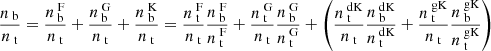 $$ \begin{aligned} \frac{n_\text{ b}}{n_\text{ t}} = \frac{n_\text{ b}^\text{ F}}{n_\text{ t}} + \frac{n_\text{ b}^\text{ G}}{n_\text{ t}} + \frac{n_\text{ b}^\text{ K}}{n_\text{ t}} = \frac{n_\text{ t}^\text{ F}}{n_\text{ t}}\frac{n_\text{ b}^\text{ F}}{n_\text{ t}^\text{ F}} + \frac{n_\text{ t}^\text{ G}}{n_\text{ t}}\frac{n_\text{ b}^\text{ G}}{n_\text{ t}^\text{ G}} + \left( \frac{n_\text{ t}^\text{ dK}}{n_\text{ t}}\frac{n_\text{ b}^\text{ dK}}{n_\text{ t}^\text{ dK}} + \frac{n_\text{ t}^\text{ gK}}{n_\text{ t}}\frac{n_\text{ b}^\text{ gK}}{n_\text{ t}^\text{ gK}}\right) \end{aligned} $$