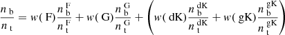 $$ \begin{aligned} \frac{n_\text{ b}}{n_\text{ t}} = { w}(\text{ F})\frac{n_\text{ b}^\text{ F}}{n_\text{ t}^\text{ F}} + { w}(\text{ G})\frac{n_\text{ b}^\text{ G}}{n_\text{ t}^\text{ G}} + \left({ w}(\text{ dK})\frac{n_\text{ b}^\text{ dK}}{n_\text{ t}^\text{ dK}} + { w}(\text{ gK}) \frac{n_\text{ b}^\text{ gK}}{n_\text{ t}^\text{ gK}}\right) \end{aligned} $$