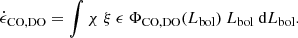 $$ \begin{aligned} \dot{\epsilon }_{\rm CO,DO}=\int \chi \ \xi \ \epsilon \ \Phi _{\rm CO,DO}(L_{\rm bol}) \ L_{\rm bol} \ \mathrm{d}L_{\rm bol}. \end{aligned} $$