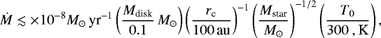 \begin{equation*}\Dot{M} \lesssim {\times10^{-8}}{{M}_{\odot}\,\textrm{yr}^{-1}} \left(\frac{M_{\textrm{disk}}}{0.1}\,{{M}_{\odot}}\right) \left(\frac{r_{\textrm{c}}}{{100}\,\textrm{au}}\right)^{-1} \left(\frac{M_{\textrm{star}}}{{}{{M}_{\odot}}}\right)^{-1/2} \left(\frac{T_0}{{300}~,\textrm{K}}\right), \end{equation*}