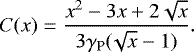 \begin{equation*} C(x) = \frac{x^2 - 3x + 2 \sqrt{x}}{3\gamma_{\textrm{P}} (\!\sqrt{x}- 1)}. \end{equation*}