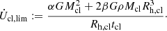 $$ \begin{aligned} \dot{U}_{\mathrm{cl} ,\mathrm{lim} } := \frac{\alpha GM_\mathrm{cl} ^2 + 2\beta G\rho M_\mathrm{cl} R_{\mathrm{h} ,\mathrm{cl} }^3}{R_{\mathrm{h} ,\mathrm{cl} }t_\mathrm{cl} }\cdot \end{aligned} $$