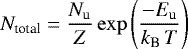 \begin{equation*} N_{\textnormal{total}}=\frac{N_{\textrm{u}}}{Z}\exp\left(\frac{-E_{\textrm{u}}}{k_{\textrm{B}}\,T}\right) \end{equation*}