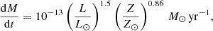 $$ \begin{aligned} \frac{\mathrm{d}M}{\mathrm{d}t} = 10^{-13}\left(\frac{L}{L_\odot }\right)^{1.5}\left(\frac{Z}{Z_\odot }\right)^{0.86}\, {M}_\odot \, \mathrm{yr} ^{-1} , \end{aligned} $$