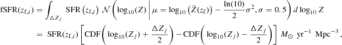 $$ \begin{aligned} \begin{split} \text{ fSFR}(z_{\mathrm{f},i})&= \int _{\Delta Z_j} \text{ SFR} \left(z_{\mathrm{f},i} \right)~\mathcal{N} \left( \log _{10}(Z) \, \bigg | \, \mu = \log _{10} \left( \bar{Z} (z_{\mathrm{f}})\right) - \frac{\ln (10)}{2} \sigma ^2 , \sigma = 0.5 \right) d\log _{10}Z \\&= \text{ SFR}(z_{\mathrm{f},i}) \left[ \mathrm{CDF}\bigg (\log _{10}(Z_j)+ \frac{\Delta Z_j}{2} \bigg )\,{-}\,\mathrm{CDF} \bigg (\log _{10}(Z_j)-\frac{\Delta Z_j}{2} \bigg ) \right] \, {M}_{\odot } \, \text{ yr}^{-1} \, \text{ Mpc}^{-3} \, , \end{split} \end{aligned} $$