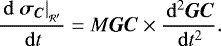 \begin{equation*} \frac{\, \mathrm{d} \left. \bm{\sigma_C} \right| _{_{\mathcal{R'}}}}{\, \mathrm{d} t} = M \bm{GC} \times \frac{\, \mathrm{d} ^2 \bm{GC}}{\, \mathrm{d} t^2}.\end{equation*}