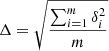 Mathematical equation: $ \Delta=\sqrt{ \frac{\sum_{i=1}^{m} \delta_{i}^{2}}{m}} $