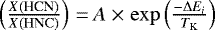 $\left(\frac{X{(\textrm{HCN})}}{X\mathrm{(HNC)}}\right)\,{=}\,A\;{\times}\; \mathrm{exp}\left(\frac{-\Delta E_i}{T_{\mathrm{K}}}\right)$
