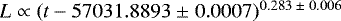 $L\propto(t-57031.8893\;{\pm}\;0.0007)^{0.283\;{\pm}\;0.006}$