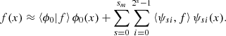 $$ \begin{aligned} f(x) \approx \left < \phi _{0}\vert f\right>\phi _{0}(x) +\sum _{s=0}^{s_m}\sum _{i=0}^{2^{s}-1}\left < \psi _{si},f\right>\psi _{si}(x). \end{aligned} $$