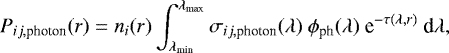 \begin{equation*} P_{ij,\textrm{photon}}(r) = n_i(r) \int_{\lambda_{\textrm{min}}}^{\lambda_{\textrm{max}}} \sigma_{ij, \textrm{photon}}(\lambda)\ \phi_{\textrm{ph}}(\lambda)\ \textrm{e}^{-\tau(\lambda,r)} \ \textrm{d}\lambda ,\end{equation*}