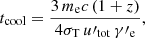 $$ \begin{aligned} t_{\rm cool}=\frac{3\, m_{\rm e}c \,(1+z)}{4 \sigma _{\rm T}\,u\prime _{\rm tot}\,\gamma \prime _{\rm e}} ,\end{aligned} $$
