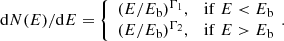 $$ \begin{aligned} \mathrm{d}N(E)/\mathrm{d}E = {\left\{ \begin{array}{ll} (E/E_{\rm b})^{\Gamma _1},&\mathrm{if}\;E < E_{\rm b} \\ (E/E_{\rm b})^{\Gamma _2},&\mathrm{if}\;E > E_{\rm b} \end{array}\right.}\!. \end{aligned} $$