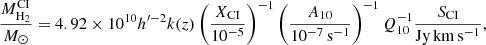 $$ \begin{aligned} \frac{M_{\rm H_2}^\mathrm{CI}}{{{M}_{\odot }}} = 4.92 \times 10^{10} h^{\prime -2} k(z) \left(\frac{X_{\rm CI}}{10^{-5}} \right)^{-1} \left( \frac{A_{10}}{10^{-7}\,{\mathrm{s}^{-1}}}\right)^{-1} Q_{10}^{-1} \frac{S_{\rm CI}}{{\mathrm{Jy}\,\mathrm{km}\,\mathrm{s}^{-1}}}, \end{aligned} $$