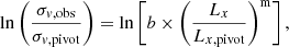 $$ \begin{aligned} \ln \left(\frac{\sigma _{v, \mathrm{obs} }}{\sigma _{v, \mathrm{pivot} }}\right)= \ln \left[b\times \left(\frac{L_x}{L_{x, \mathrm{pivot} }}\right)^\mathrm{m}\right], \end{aligned} $$