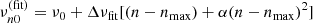 $$ \begin{aligned} \nu _{n0}^\mathrm{(fit)} = \nu _0 + \Delta \nu _{\rm fit} [ (n - n_{\rm max}) + \alpha (n - n_{\rm max})^2] \end{aligned} $$