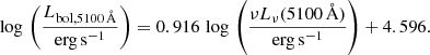 $$ \begin{aligned} \log \,\left( \frac{L_{\mathrm{bol, 5100\,\AA }}}{\mathrm{erg\,s}^{-1}} \right) = 0.916\, \log \,\left( \frac{\nu L_\nu (5100\,\AA )}{\mathrm{erg\,s}^{-1}} \right) + 4.596. \end{aligned} $$