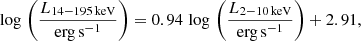 $$ \begin{aligned} \log \,\left(\frac{L_{\rm 14{-}195\,keV}}{\mathrm{erg\,s^{-1}}} \right) = 0.94\, \log \, \left( \frac{L_{\mathrm{2{-}10\,keV}}}{\mathrm{erg\,s}^{-1}} \right) + 2.91, \end{aligned} $$