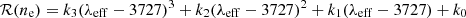 $$ \begin{aligned} \mathcal{R} (n_\mathrm{e} ) = k_{3} (\lambda _\mathrm{eff} -3727)^{3} + k_{2} (\lambda _\mathrm{eff} -3727)^{2} + k_{1} (\lambda _\mathrm{eff} - 3727) + k_{0} \end{aligned} $$