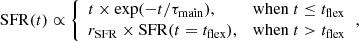 $$ \begin{aligned} \mathrm{SFR} (t) \propto {\left\{ \begin{array}{ll} t \times \exp (-t/\tau _{\rm main}),&\mathrm{when} \ t\le t_{\rm flex} \\ r_{\rm SFR} \times \mathrm{SFR} (t=t_{\rm flex}),&\mathrm{when} \ t>t_{\rm flex} \\ \end{array}\right.}, \end{aligned} $$