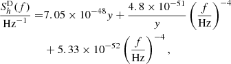 $$ \begin{aligned} \frac{S^\text{D}_h(f)}{\text{Hz}^{-1}}=&7.05\times 10^{-48}{ y}+\frac{4.8\times 10^{-51}}{{ y}}\left(\frac{f}{\text{Hz}}\right)^{-4} \nonumber \\&+5.33\times 10^{-52}\left(\frac{f}{\text{Hz}}\right)^{-4}, \end{aligned} $$