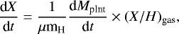 \begin{align*} \frac{\textrm{d}X}{\textrm{d}t} = \frac{1}{\mu {\textrm{m}_{\textrm{H}}}}\frac{\textrm{d}M_{\textrm{plnt}}}{\textrm{d}t}\times (X/H)_{\textrm{gas}},\end{align*}