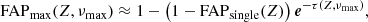 $$ \begin{aligned} {\mathrm {FAP}}_{\mathrm{max}} (Z, \nu _\mathrm{max} ) \approx 1 - \left(1-{\mathrm {FAP}}_{\mathrm {single}} (Z)\right)\boldsymbol{e}^{-\tau (Z, \nu _\mathrm{max} )}, \end{aligned} $$