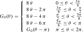 $$ \begin{aligned} G_0(\theta )= {\left\{ \begin{array}{ll} 8\,\theta&\ 0\le \theta <\frac{3\pi }{8}\\ 8\,\theta -2\,\pi&\ \frac{3\pi }{8}\le \theta <\frac{\pi }{2}\\ 8\,\theta -4\,\pi&\ \frac{\pi }{2}\le \theta <\frac{5\pi }{8}\\ 8\,\theta -6\,\pi&\ \frac{5\pi }{8}\le \theta <\pi \\ G_0(\theta -\pi )&\ \pi \le \theta < 2\pi . \end{array}\right.} \end{aligned} $$