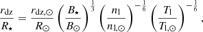 $$ \begin{aligned} \frac{r_{\rm dz}}{R_\star } = \frac{r_{\rm dz,\odot }}{R_\odot }\left(\frac{B_\star }{B_\odot }\right)^{\frac{1}{3}}\left(\frac{n_{\rm l}}{n_{\mathrm{l},\odot }}\right)^{-\frac{1}{6}}\left(\frac{T_{\rm l}}{T_{\mathrm{l},\odot }}\right)^{-\frac{1}{6}}, \end{aligned} $$