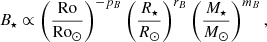 $$ \begin{aligned} B_\star \propto \left(\frac{\mathrm{Ro}}{\mathrm{Ro}_\odot }\right)^{-p_B}\left(\frac{R_\star }{R_\odot }\right)^{r_B}\left(\frac{M_\star }{M_\odot }\right)^{m_B}, \end{aligned} $$