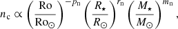 $$ \begin{aligned} n_{\rm c} \propto \left(\frac{\mathrm{Ro}}{\mathrm{Ro}_\odot }\right)^{-p_{\rm n}}\left(\frac{R_\star }{R_\odot }\right)^{r_{\rm n}}\left(\frac{M_\star }{M_\odot }\right)^{m_{\rm n}}, \end{aligned} $$