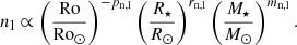 $$ \begin{aligned}&n_{\rm l} \propto \left(\frac{\mathrm{Ro}}{\mathrm{Ro}_\odot }\right)^{-p_{\rm n,l}}\left(\frac{R_\star }{R_\odot }\right)^{r_{\rm n,l}} \left(\frac{M_\star }{M_\odot }\right)^{m_{\rm n,l}}. \end{aligned} $$
