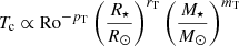 $$ \begin{aligned}&T_{\rm c} \propto \mathrm{Ro}^{-p_{\rm T}}\left(\frac{R_\star }{R_\odot }\right)^{r_{\rm T}} \left(\frac{M_\star }{M_\odot }\right)^{m_{\rm T}} \end{aligned} $$